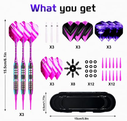 Soft Tip Darts Set - 3 Pack 2BA Darts Plastic Tip with Aluminum Shafts, 12 Tips, 9 Flights, 12 O Rings and Case for Electronic Dart Boards, Adults、Beginners & Pro Players