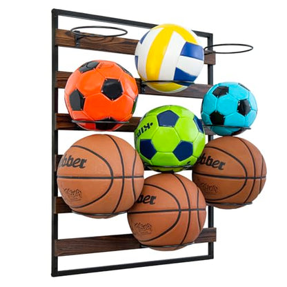 MyGift 9 Hook Industrial Black Metal and Rustic Burnt Solid Wood Wall Mounted Sports Balls Display, Gym or Garage Storage for Basketball Volleyball Soccer Ball Holder Rack