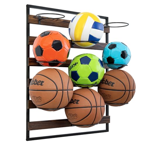 MyGift 9 Hook Industrial Black Metal and Rustic Burnt Solid Wood Wall Mounted Sports Balls Display, Gym or Garage Storage for Basketball Volleyball Soccer Ball Holder Rack
