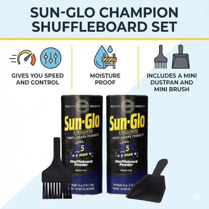 Sun-Glo Shuffleboard Sand - Shuffleboard Powder Wax with Mini Dustpan and Mini Brush Set, 2 Pack (16oz/Each) - SunGlo #5 Star (Medium Speed)