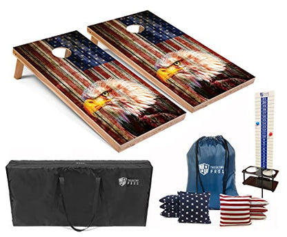 Tailgating Pros Cornhole Boards - 4'x2' Regulation Boards w/Carrying Case, Score Keeper, & Set of 8 Corn Filled Bags w/Tote - size: 4'x2' Boards w/ LED Ring Lights, style: Patriotic Eagle US Flag