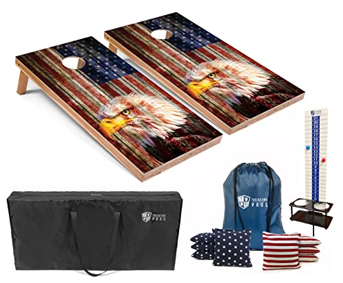 Tailgating Pros Cornhole Boards - 4'x2' Regulation Boards w/Carrying Case, Score Keeper, & Set of 8 Corn Filled Bags w/Tote - size: 4'x2' Boards w/ LED Ring Lights, style: Patriotic Eagle US Flag
