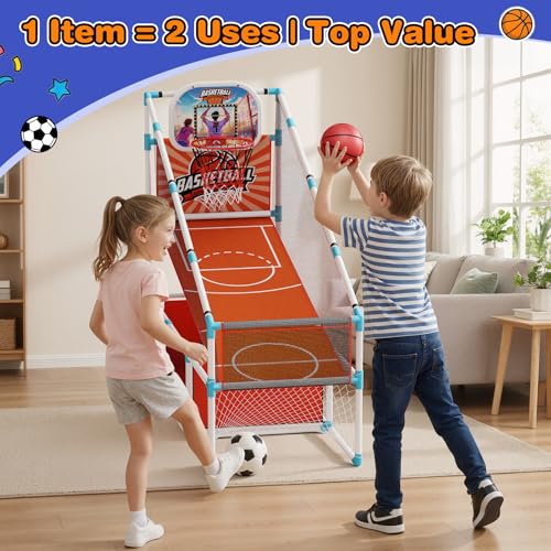 2 in 1 Kids Arcade Basketball Hoop &Soccer Goal,LED Lights Electronic Scoreboard, Adjustable Height Basketball Game Set,Indoor Outdoor Sport Toys Gift Toddlers Boys Girls Ages 3-12 Home Party