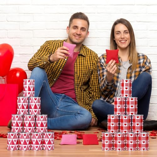 30 Pcs Valentine's Day Carnival Bean Bag Toss Party Game, Knock Down Can Games Set, Includes 20 Metal Can 8 Bean Bags 2 Set Number Stickers for Outdoor and Indoor Games Carnival Party