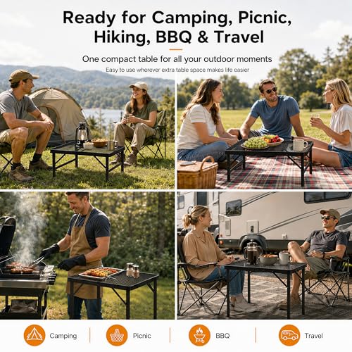 Folding Grill Table Camping Table with Mesh Desktop, Lightweight & Portable Outdoor Picnic Table, Height Adjustable Portable for Outside Inside Use - size: Regular Size