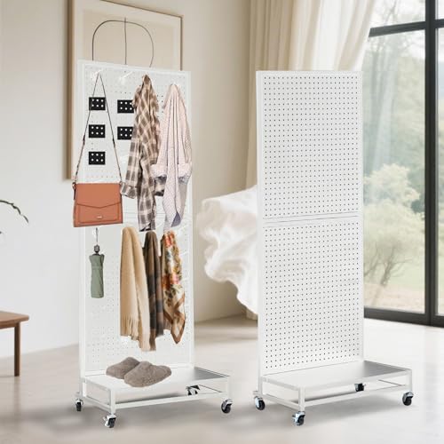 Eastern Tree Metal Pegboard Display Stand 2'x 5'with Base Plate, Pegboard Panels Display with Wheels, Peg Board Display Rack, Standing Pegboard Display with 30 Hooks - White - color: White