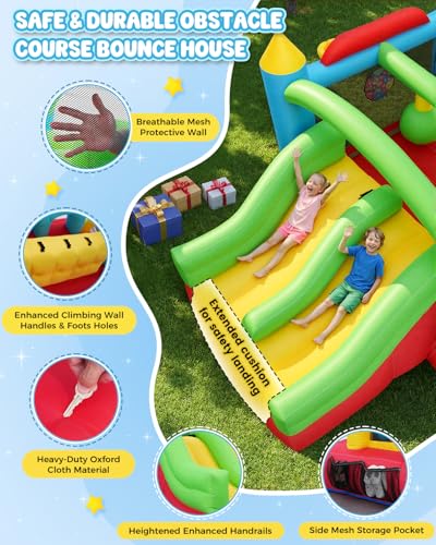 Whubefy Bounce House for Kids 3-6 Big Kids 8-12, 15.3 X 9ft Inflatable Obstacle Course with Dual Tunnels/Double Slides/Two Climbing Walls/Two Boxing Ball Obstacles/Basketball Hoops/Removable Dartboard - style: 550W Blower