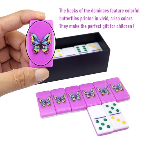 IDTQ Purple Butterfly Dominoes Set - Elegant Double 6 Dominoes with 28 Tiles, Delicate Butterfly Print - Artistic Board Game for Adults & Nature Lovers - color: Purple