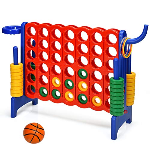 Costzon Giant 4-in-A-Row, Jumbo 4-to-Score Giant Game w/Basketball Hoop, Ring Toss, Quick-Release Slider, 42 Jumbo Rings, Indoor Outdoor Family Connect Game for Kids & Adults, Backyard Games, Blue - color: Red/Blue