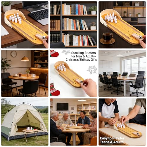 SANTA CASA Tabletop Mini Bowling Game Set for Adults Teens Kids, Wooden Funny Desktop Toys, Stress Relief Office Gadgets, White Elephant Gifts, Stocking Stuffers