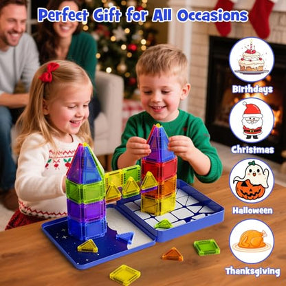 Mini Magnetic Tiles Travel Kit for Kids Ages 3-8, 60pcs Portable Magnetic Building Blocks with Visual Storage Guide & Metal Play Base, STEM Sensory Toys for Preschool Learning - style: Mini Magnetic Tiles Travel Construction Set - 60PCS