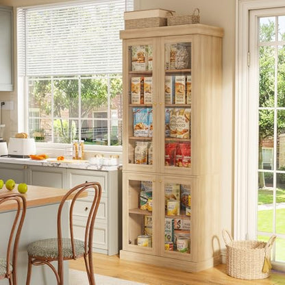 Vyre 70.8" Tall Brown Bookshelf with Glass Doors, Farmhouse Modular Bookcase with 6-Tier Adjustable Shelves, Large Storage Cabinet for Home Office, Living Room, Set of 2 - color: Brown