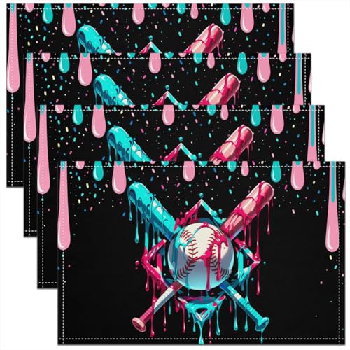 Ice Cream Drip Baseball Kids Placemats Set of 4,Baseball Bat Player Fan Table Place Mats,Ball Sport Competition Modern Kitchen Decor,Black Blue Placemat Kitchen Table Decoration 12"x18" - color: Black Blue