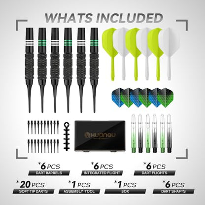 Soft Tip Darts Set 6 Pack – Professional Darts Plastic Tip with Integrated Dart Flights, Extra Dart Stems & Flights Dart Tips Darts Accessories Kit with Dart Case for Electronic Dartboard