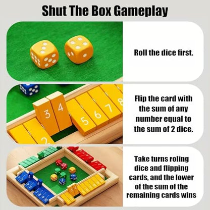 Shut The Box Game Wooden, 2026 New Shut The Box-Wooden Dice Board Game with 8 Dice, Four-Sided Flip Card Game Toys, Enhancing Mathematical and Decision-Making Skill (4 Color)