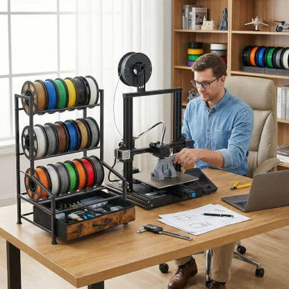 3D Printer Filament Storage Rack with Fabric Drawer | Dust-Proof Build, Fits PLA ABS TPU Nylon, Sturdy Spool Holder, Ideal for Organized 3D Printing Workshop & Home Studio