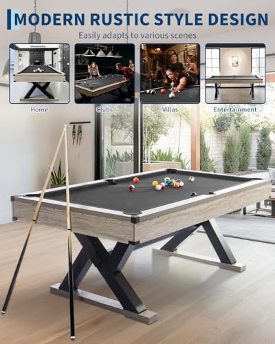 7 FT Billiard Table, 84 x 46 x 32 Inch, Rustic Grey Finish Pool Table with Metal K-Leg, Professional Playing Cloth, Complete Set of 2 Cues, 16 Balls, Chalk, Triangle & Brush, for Home Game Room - color: Black Cloth