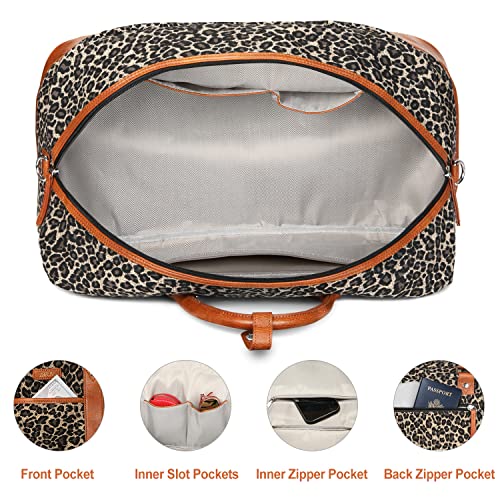 Weekender Bag for Women, Large Overnight Bag Canvas Travel Duffel Bag Carry On Tote with Shoe Compartment 21" 3Pcs Set - color: A02-brown+brown leopard