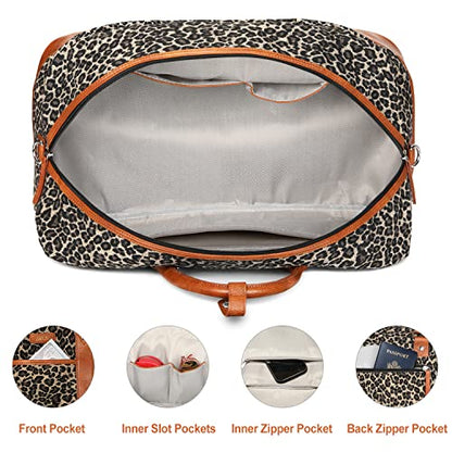 Weekender Bag for Women, Large Overnight Bag Canvas Travel Duffel Bag Carry On Tote with Shoe Compartment 21" 3Pcs Set - color: A02-brown+brown leopard