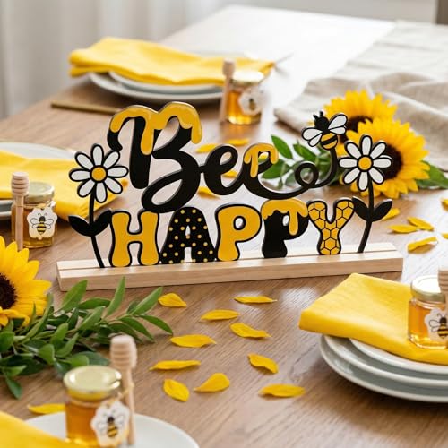 Bee Happy Spring Table Decorations Cute Bumble Bee Metal Table Sign with Wooden Base Spring Summer Farmhouse Tiered Tray Decor Yellow Daisy Tabletop Centerpieces for Home Mantel Shelf Desk - style: Bee Happy
