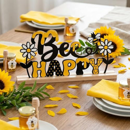 Bee Happy Spring Table Decorations Cute Bumble Bee Metal Table Sign with Wooden Base Spring Summer Farmhouse Tiered Tray Decor Yellow Daisy Tabletop Centerpieces for Home Mantel Shelf Desk - style: Bee Happy