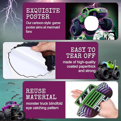 Faccito Monster Truck Birthday Games Pin The Wheel on The Monster Truck Green and Purple Trucks Poster with Stickers Blindfolds for Birthday Decorations Cars Party Games Activities Supplies - style: Truck