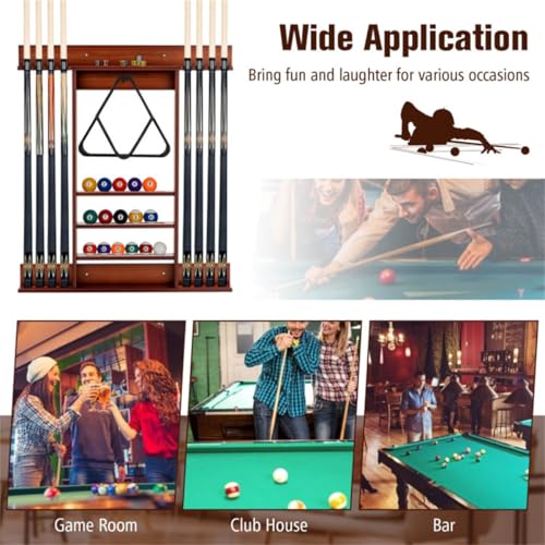 Wall-Mounted Billiards Cue Rack, Wooden Pool Stick Holder 8 Cues & 16 Balls and 5 Storage Compartments, for Game Room Billiard Room Decor Club Pool Table Accessories