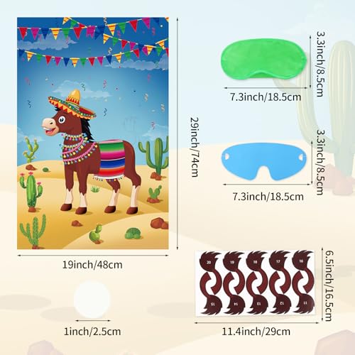 Hxezoc Pin The Tail On The Donkey Party Game with 50 Pcs Tails Large Mexican Donkey Games Poster for Kids Birthday Party Carnival Fiesta Party Supplies
