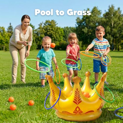 Funscape 2PCS Crown Pool Toy, Toddler Inflatable Water Toss Game w/12 Rings 5 Balls, Outdoor Beach Backyard Lawn Game, Summer Pool Party Decoration Gift 3 4 5 6 7 8 10 Year Old Kids Boy Girl Children