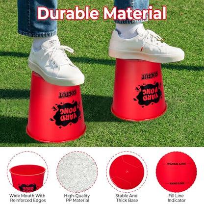 Yard Pong Outdoor Games, Giant Yard Games Set with 12 Buckets and Balls for Adults and Family, Toss Game Throwing Games for Beach, Camping, Lawn and Backyard - color: red