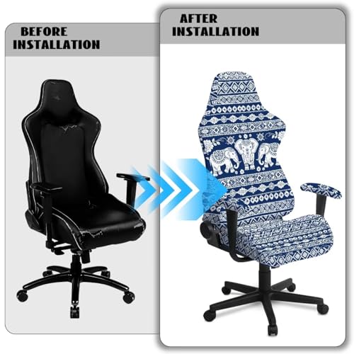 Suobstales Aztec American Tribal Elephant Pattern Gaming Chair Cover with Armrest Covers Waterproof Cat Scratch Proof, Stretch Gaming Chair Seat Covers for Ergonomic Game Rotating Office Chair - color: Aztec American Tribal Elephant