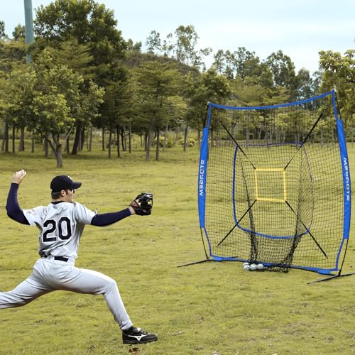 Storgem Baseball and Softball Practice Net 7×7ft Portable Hitting Pitching Batting Training Net Baseball Backstop Net with Batting Tee and Strike Zone and Bow Frame - color: Blue