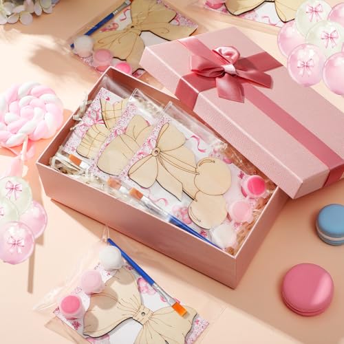 Saypacck 24 Pcs Pink Bow Party Favors Wooden Painting Craft Kits Birthday Party Supplies with Organza Bag for Goodie Bags Fillers Adult Thank You Gifts - style: Bowknot Style