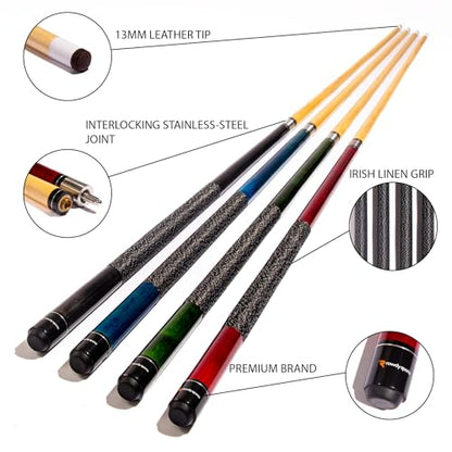 Ash Wood Pool Sticks Set of 4-57 inch 20oz Wooden Pool Cue Stick - House Bar Billiard Cue Sticks - 13 MM Genuine Leather Tips Pool Cues with Beautiful Colors- Black, Blue, Green & Red