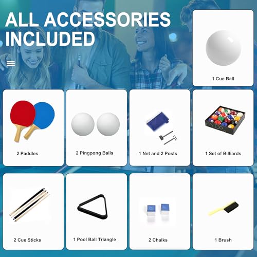 3 in 1 Billiard Table, 64" Folding Pool Table with Ping Pong Table and Dining Top, Multi Game Table Includes Billiard Accessories and Tennis Paddles for Family Game Room, Basements - color: Blue