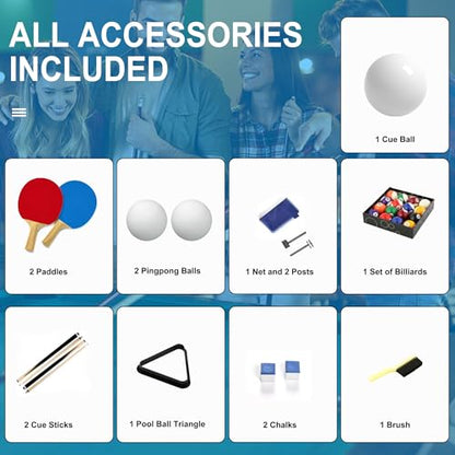 3 in 1 Billiard Table, 64" Folding Pool Table with Ping Pong Table and Dining Top, Multi Game Table Includes Billiard Accessories and Tennis Paddles for Family Game Room, Basements - color: Blue