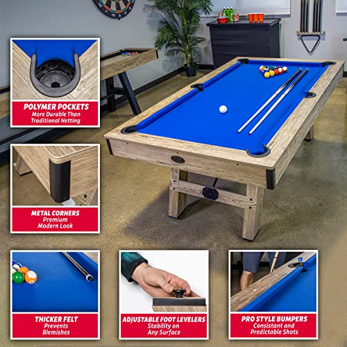 GoSports 7 ft Pool Tables with Wood Finish - Choose Your Style - Modern Billiards Table with 2 Cue Sticks, Balls, Rack, Felt Brush and Chalk - style: Blue, Brown Wood Finish