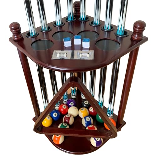 Floor Standing Pool Cue Rack Hold 8 Cue Sticks & Pool Table Accessories, Solid Wood Pool Stick Holder, Corner Pool Cue Holder with Ball Rack Hook & Scorer Counter