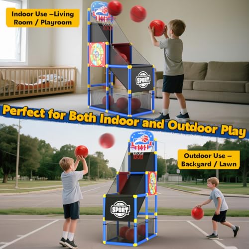 EagleStone 2-in-1 Kids Arcade Basketball Hoop with Dart Board,4 Balls Adjustable Height Basketball Toy Indoor Outdoor Carnival Games Gift for Boys Girls Toddlers Ages 3-6 Years Old,Pump Included - color: Red