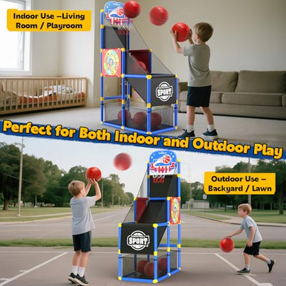 EagleStone 2-in-1 Kids Arcade Basketball Hoop with Dart Board,4 Balls Adjustable Height Basketball Toy Indoor Outdoor Carnival Games Gift for Boys Girls Toddlers Ages 3-6 Years Old,Pump Included - color: Red