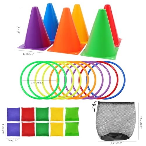 26 Pcs Colorful Ring Toss & Bean Bag Combo Set – Outdoor Carnival Games with 10 Rings, 6 Cones (7.1″), 10 Bean Bags – Backyard Throwing Games for Kids Adults Birthday Party, Field Day, School Festival