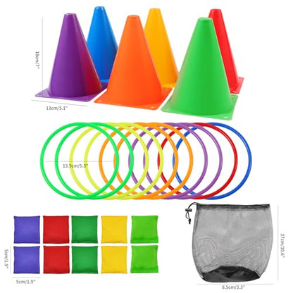26 Pcs Colorful Ring Toss & Bean Bag Combo Set – Outdoor Carnival Games with 10 Rings, 6 Cones (7.1″), 10 Bean Bags – Backyard Throwing Games for Kids Adults Birthday Party, Field Day, School Festival