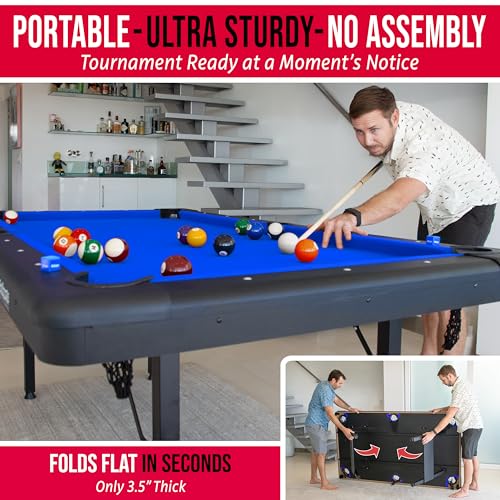 GoSports 6, 7, or 8 ft Billiards Tables - No Assembly, Choose Your Color - Portable Pool Table Includes Full Set of Balls, 2 Cue Sticks, Chalk and Felt Brush - style: 6ft Blue