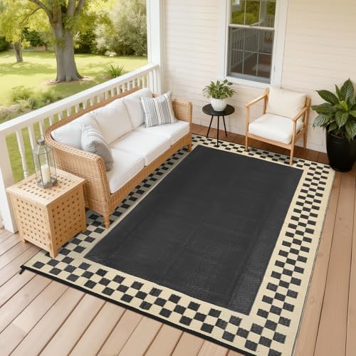 Checkered Outdoor Rug 8x10 Waterproof Modern Bordered Patio Rugs Plastic Straw Rug Large Indoor Outdoor Throw Carpets Reversible Mat for Picnic, Backyard, Rv, Beach, Deck, Camper, Balcony, Black - color: Checkered-black & Beige, size: 8' x 10' (Rectangula