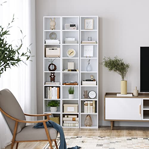 FOTOSOK White Bookshelf 8-Tier Narrow Bookshelf, 11.6 X 9.3 X 70.9 Tall CD DVD Media Tower Rack with 4 Adjustable Shelves, Tall Narrow Bookcase Slim Display Bookshelf with Cube Storage for Home Office - color: White