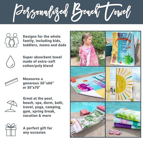 Let's Make Memories Personalized Kids Beach Towel - Custom Monogram & Name with Fun Beach Designs - Soft Cotton/Poly Blend - 60"x30" - Name and Initial Monogram - Standard Size - Crab - color: Name + Initial - Crab, size: Standard