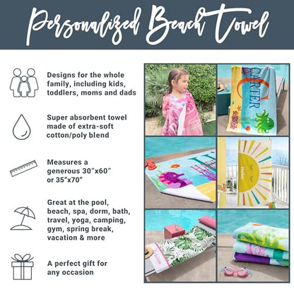 Let's Make Memories Personalized Kids Beach Towel - Custom Monogram & Name with Fun Beach Designs - Soft Cotton/Poly Blend - 60"x30" - Name and Initial Monogram - Standard Size - Crab - color: Name + Initial - Crab, size: Standard