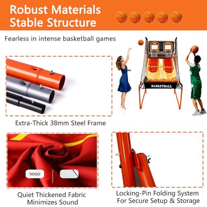 Foldable Indoor Basketball Arcade Game Double Shot 1-4 Player W/ 5 Balls, Basketball Arcade Machine, Electronic Scoreboard and Inflation Pump, Sturdy and Durable