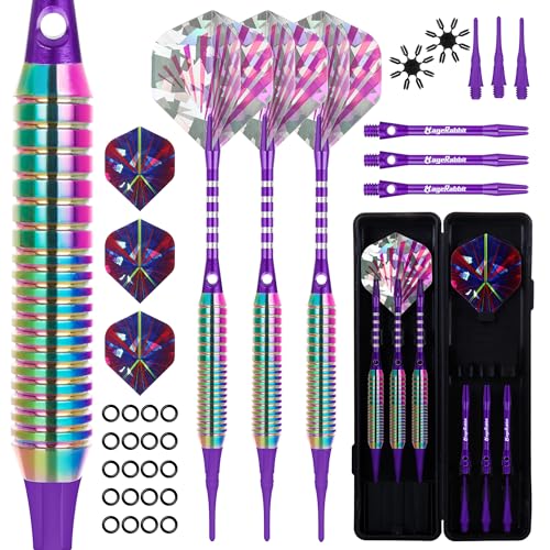 Darts Plastic Tip 3pcs with Extra Accessories, Professional Soft Tip Dart for Electronic Dart Board | Multi-section knurled non-slip grip+Complete replacement accessories included+Iridescent rainbow electroplated barrel