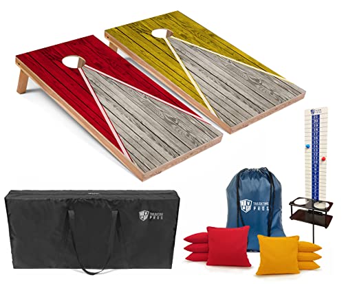 Tailgating Pros Pyramid Cornhole Board Set: Score Keeper, Bean Bags, and Carrying Case- 4'x2' Regulation Corn Hole Toss Game - color: Red/Yellow